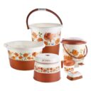 Joyo Dream Homes Deluxe Square Jumbo Floral Printed Bathroom Set of 6 (Bucket-20 Litre,Tub-19 LTR,Dustbin-6.5 LTR,Round Patla,Mug-1100 ml,Soap Case) (Brown)